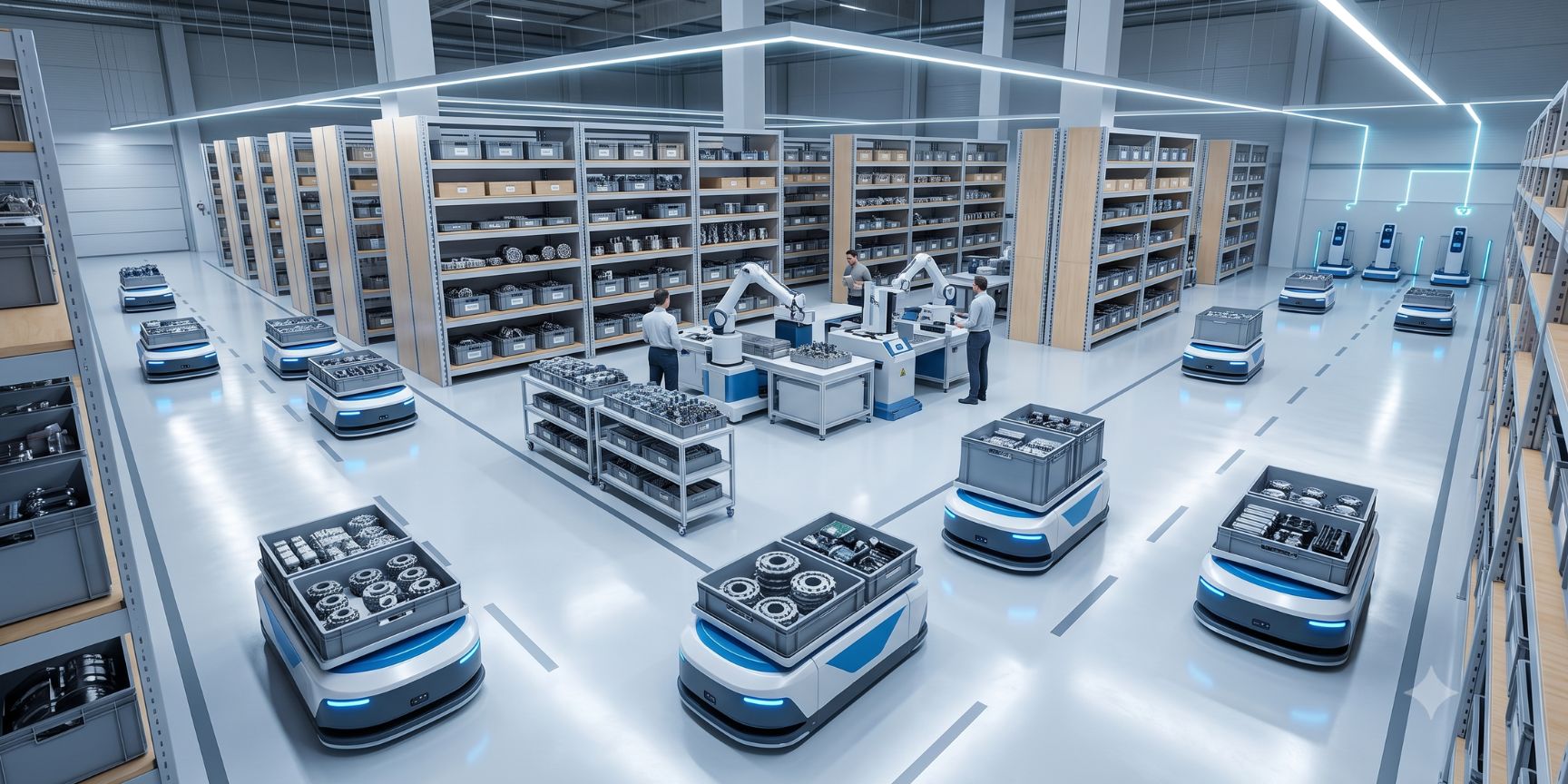 Eine Weitwinkelaufnahme von autonomen mobilen Robotern, die Behälter mit kleinen Ersatzteilen entlang markierter Wege in einem futuristischen, organisierten Logistiklager transportieren.